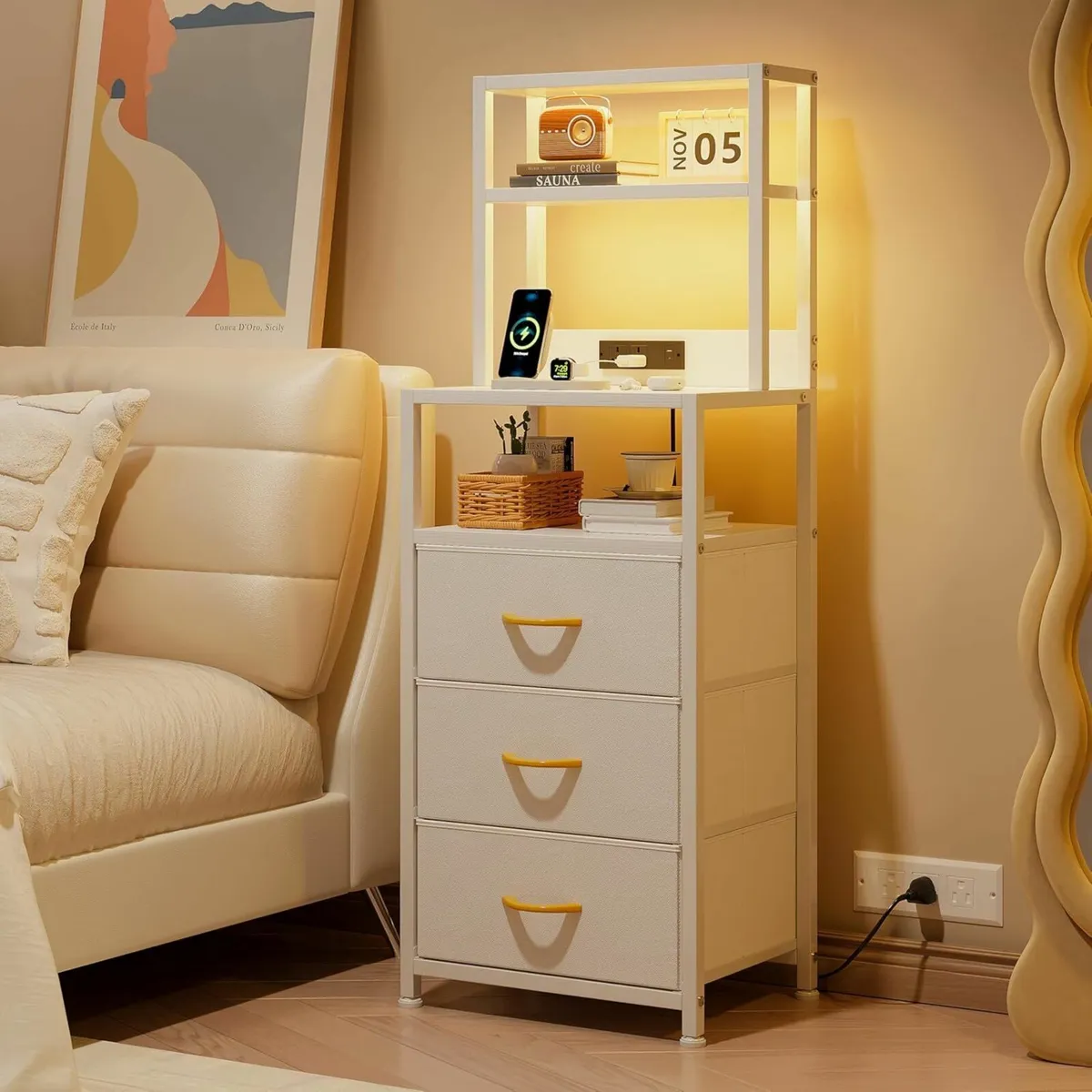 Bedside Table with 3 Drawers and Charging Station - Image 1