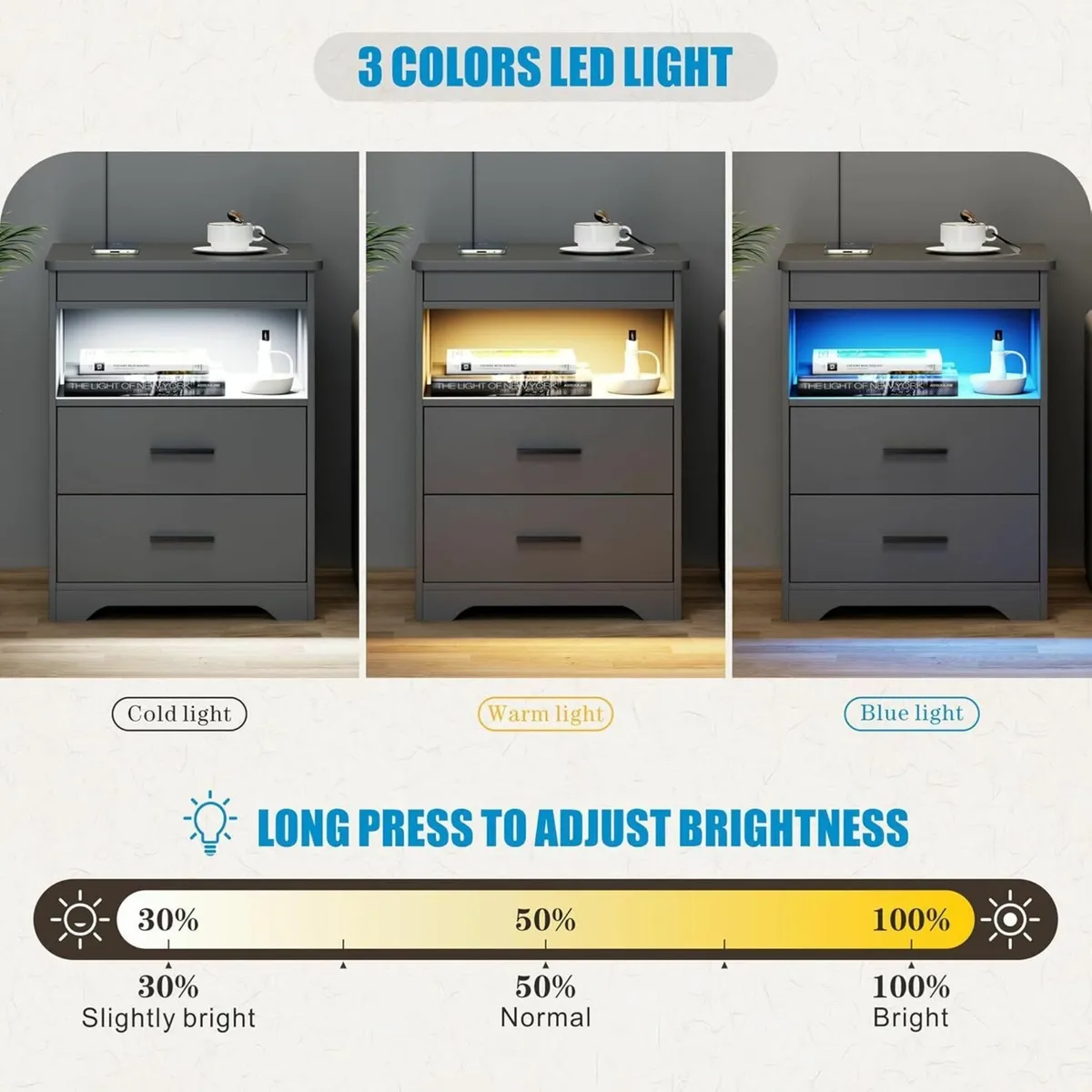 Bedside Table with Hidden Drawer Cabinet Charging - Image 3