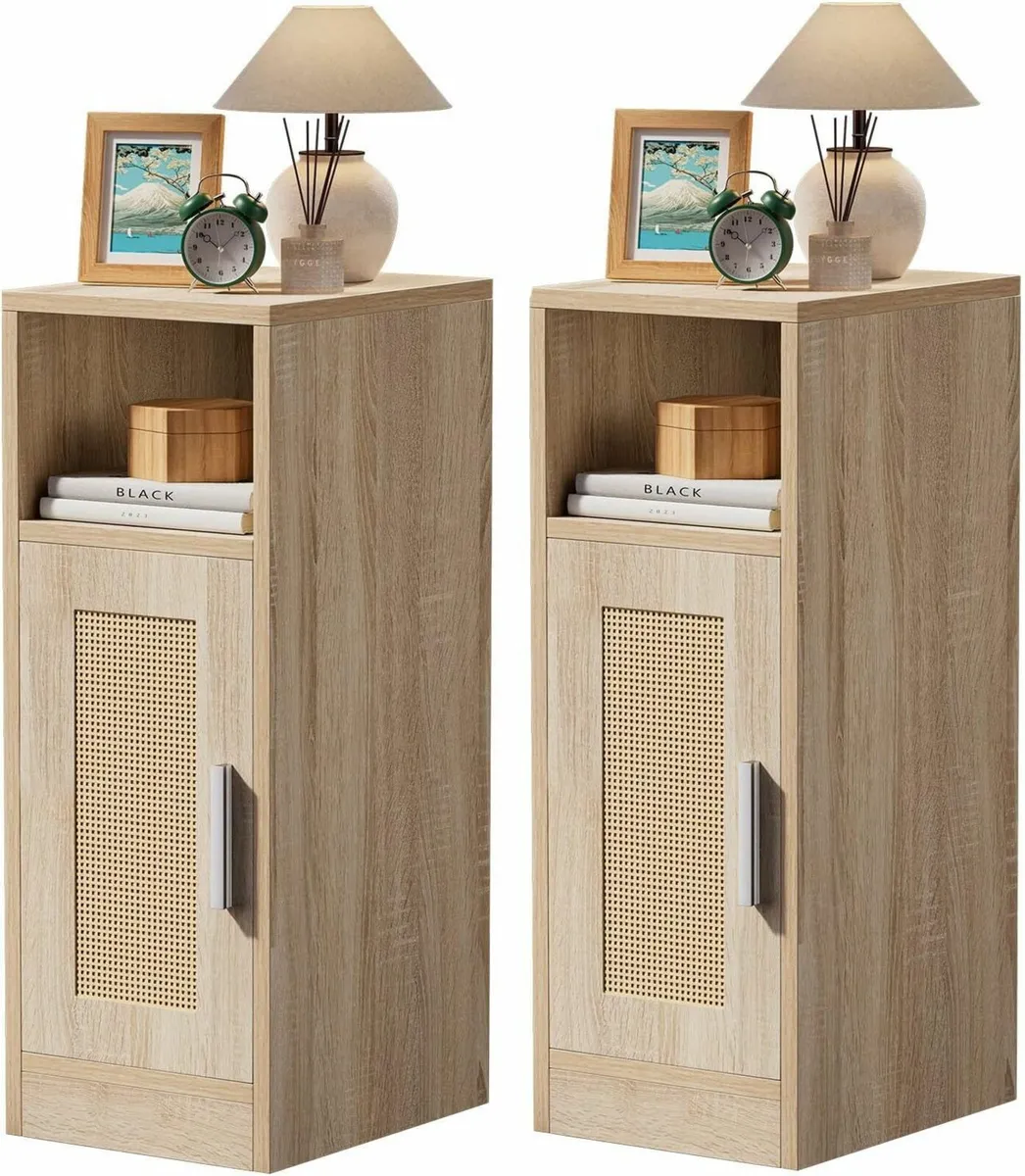 Slim Bedside Table Set of 2 Rattan Nightstand - Image 1