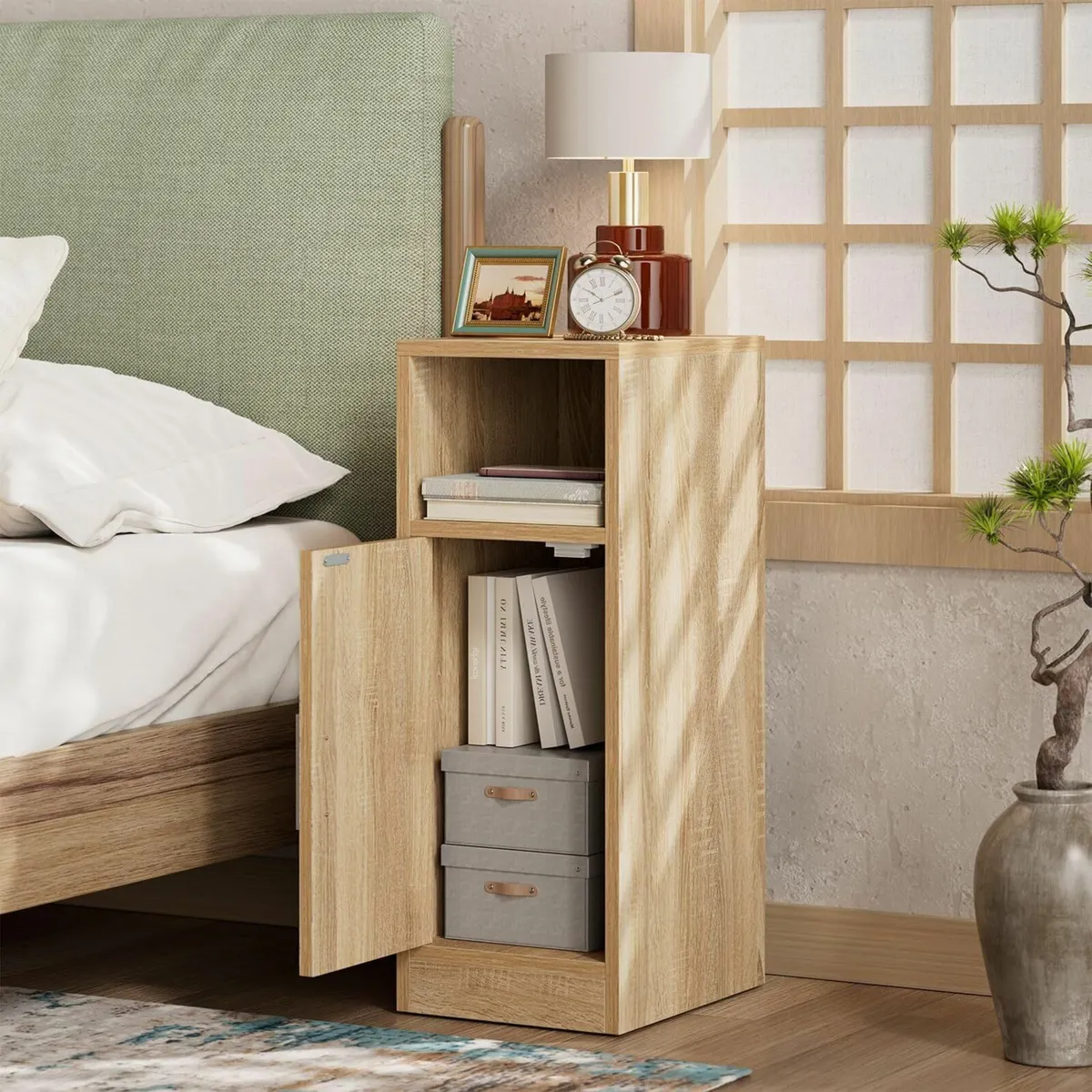 Slim Bedside Table Set of 2 Rattan Nightstand - Image 2