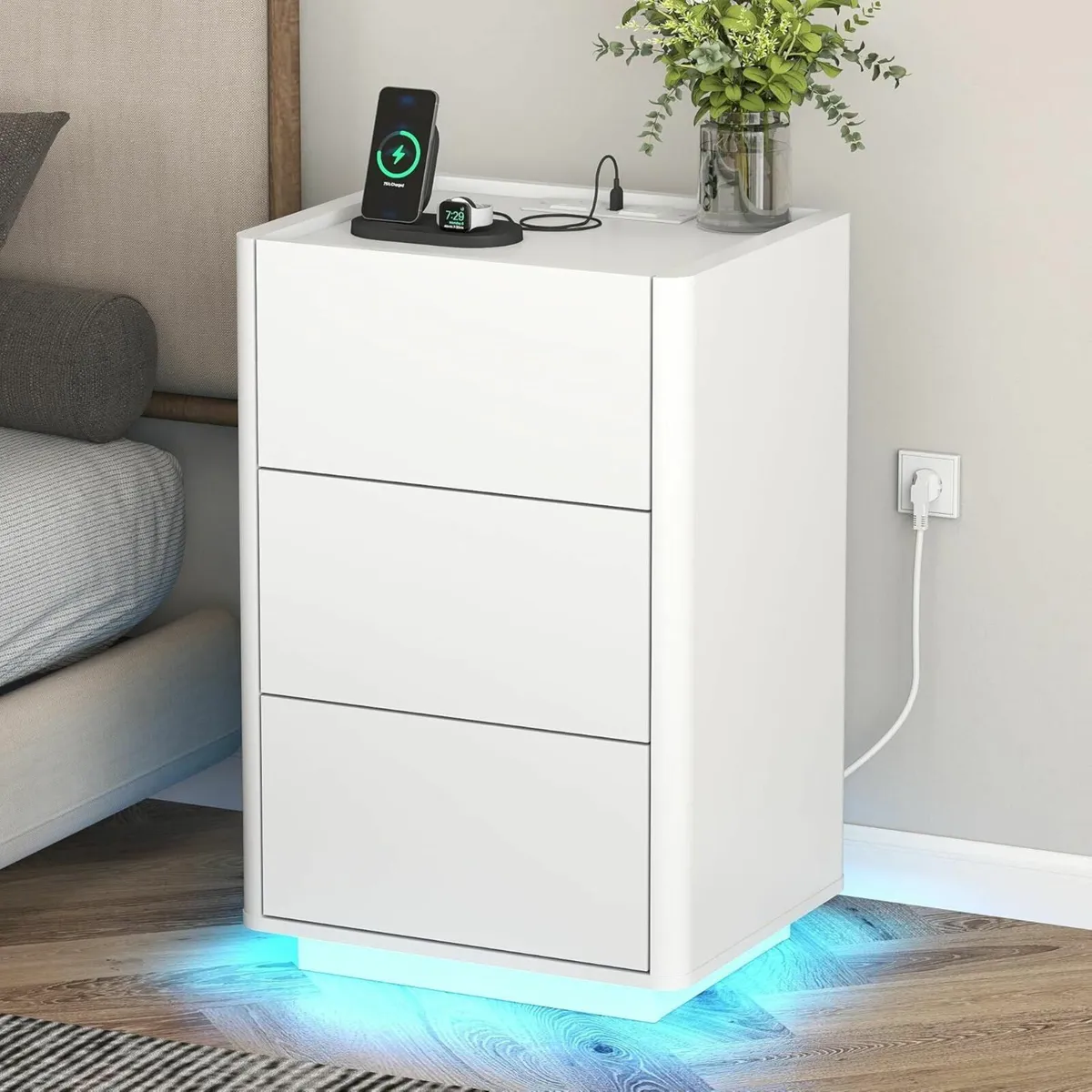 Bedside Table with LED Lights 3 Drawers Side - Image 1