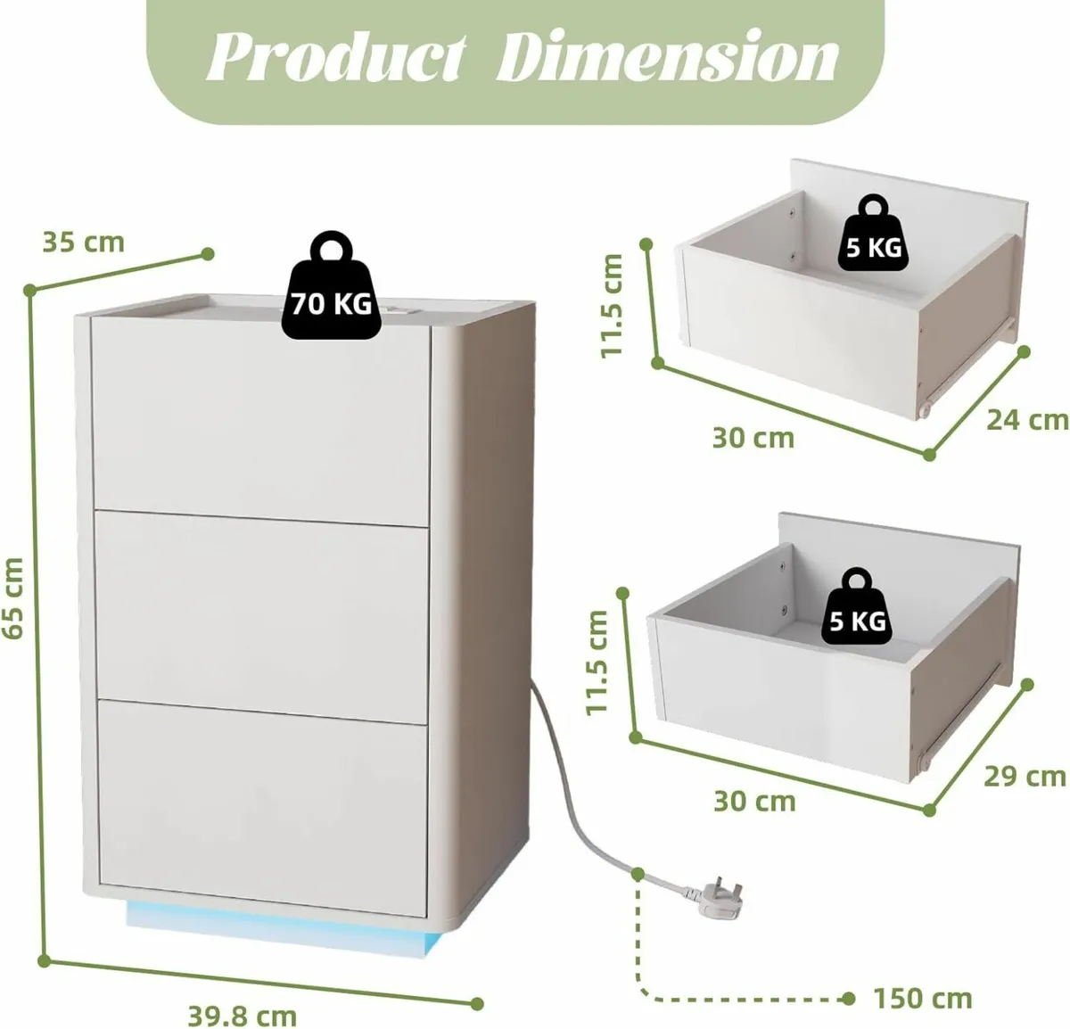 Bedside Table with LED Lights 3 Drawers Side - Image 2