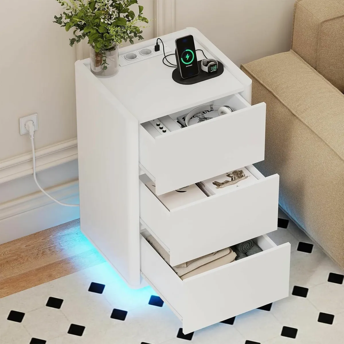 Bedside Table with LED Lights 3 Drawers Side - Image 3