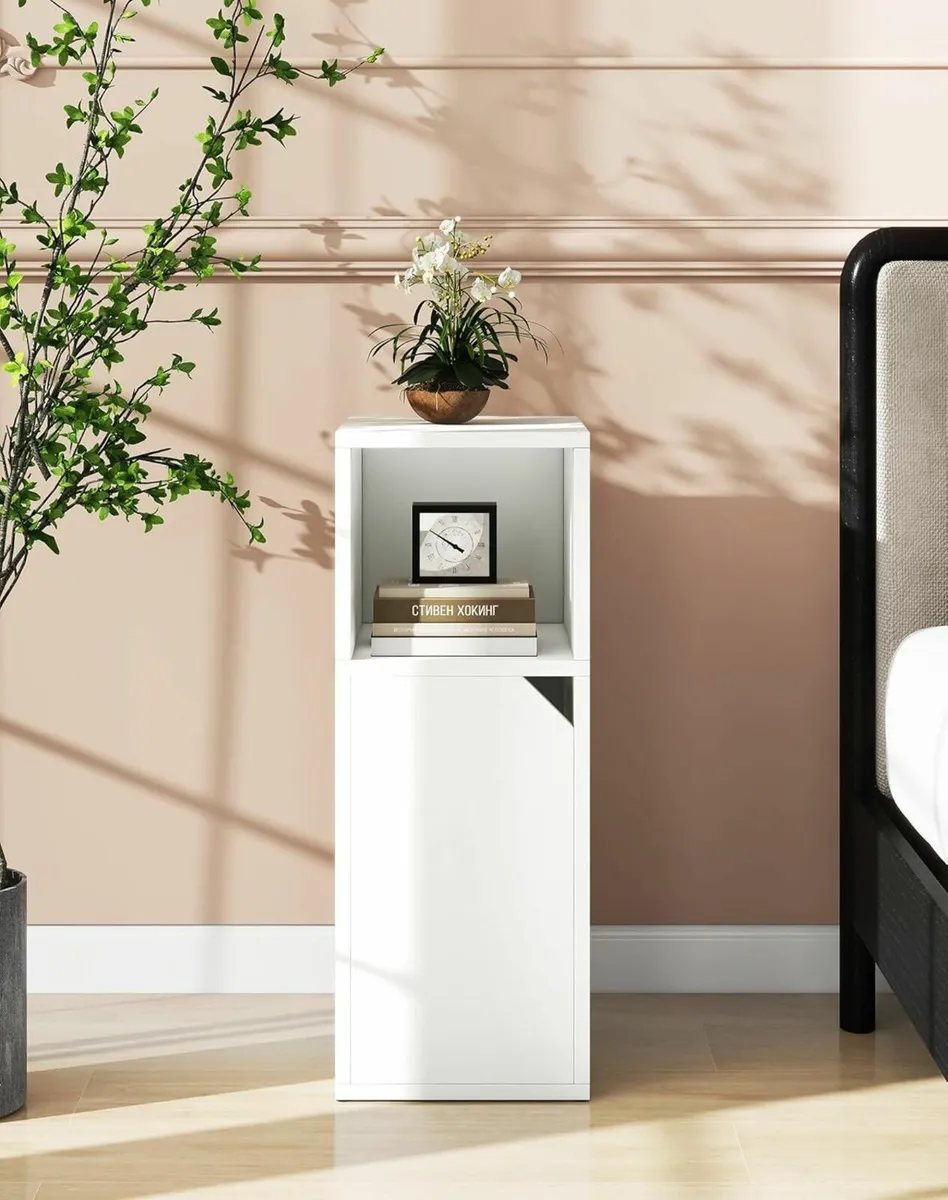 Narrow Bedside Table Set of 2 Slim Side with Open - Image 2