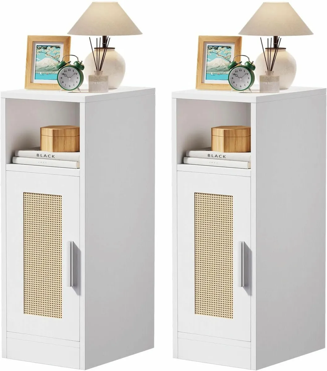 Slim Bedside Table Set of 2 Rattan Nightstand - Image 1