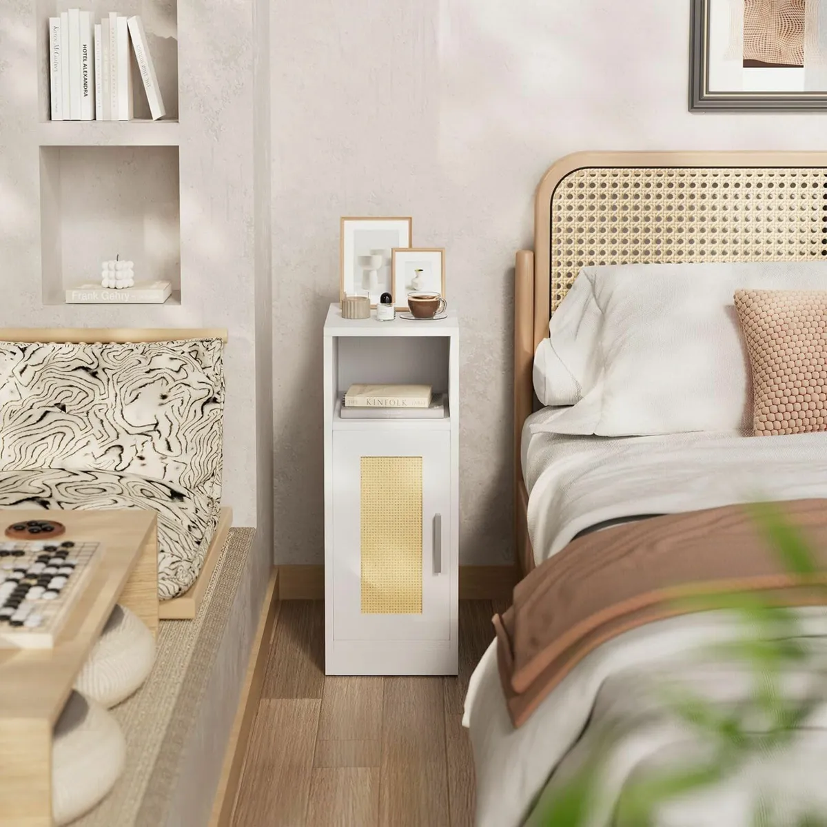 Slim Bedside Table Set of 2 Rattan Nightstand - Image 2