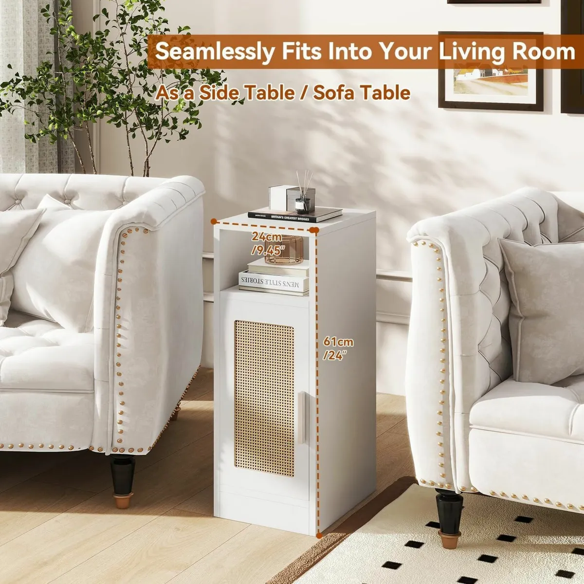 Slim Bedside Table Set of 2 Rattan Nightstand - Image 4