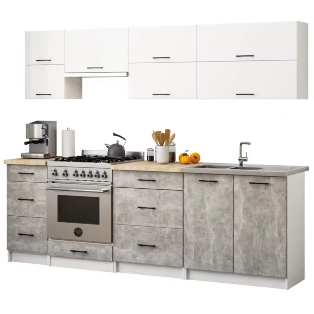 Kitchen Furniture Set 240cm – White / Concrete Fin - Image 1