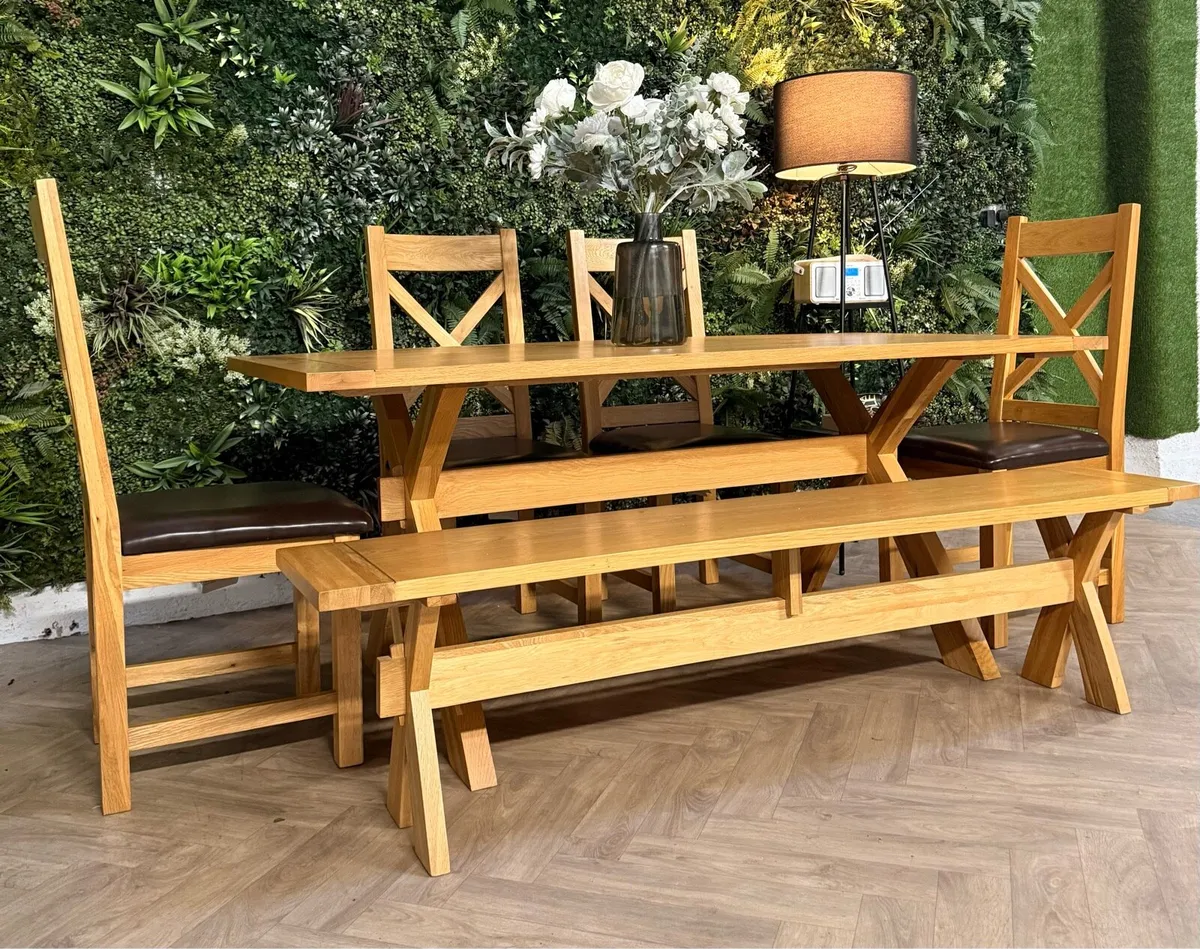 Oak kitchen table, 4 chairs & bench/dining set - Image 3