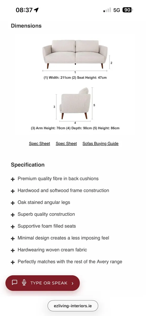 *SAVE €450* EZ Living Avery 3 Seater Sofa Cream - Image 3