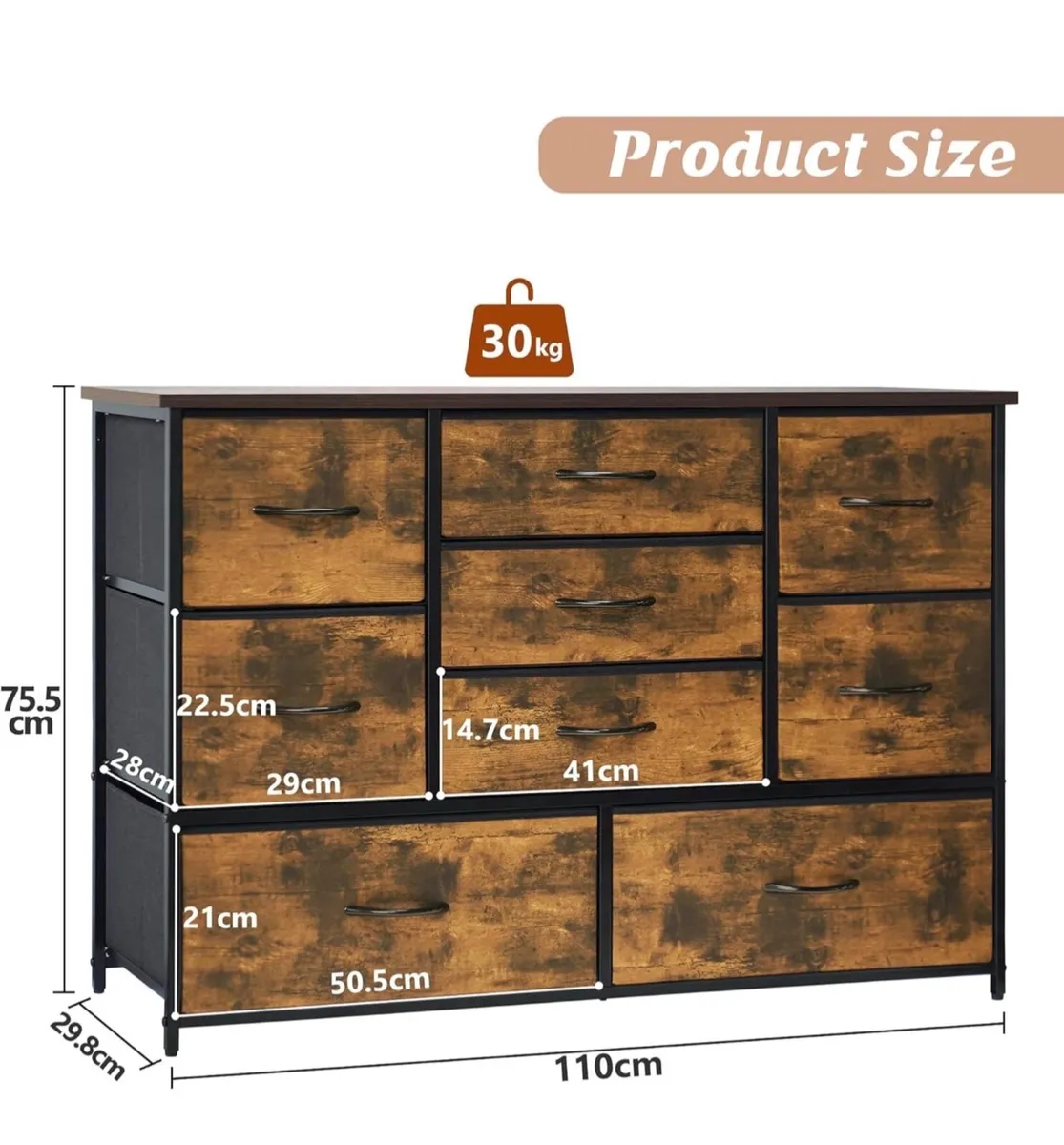 Chest of Drawers for Bedroom, 9 Drawer Fabric Dres - Image 4