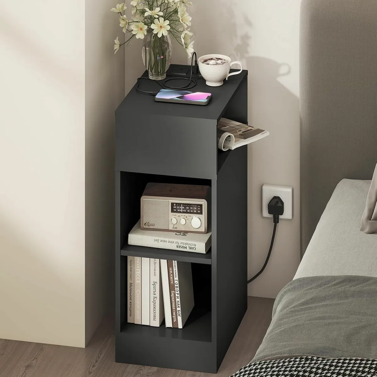 Narrow Bedside Table Wooden Nightstand with - Image 1
