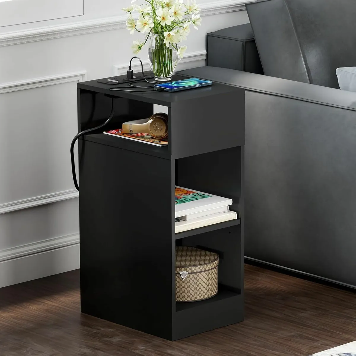 Narrow Bedside Table Wooden Nightstand with - Image 3