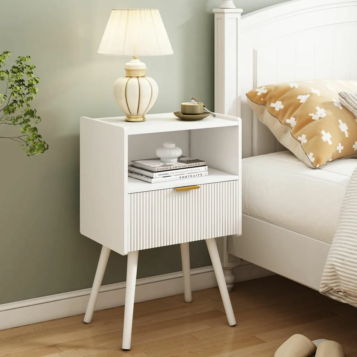 Modern Bedside Table with Storage Drawer and Open - Image 1