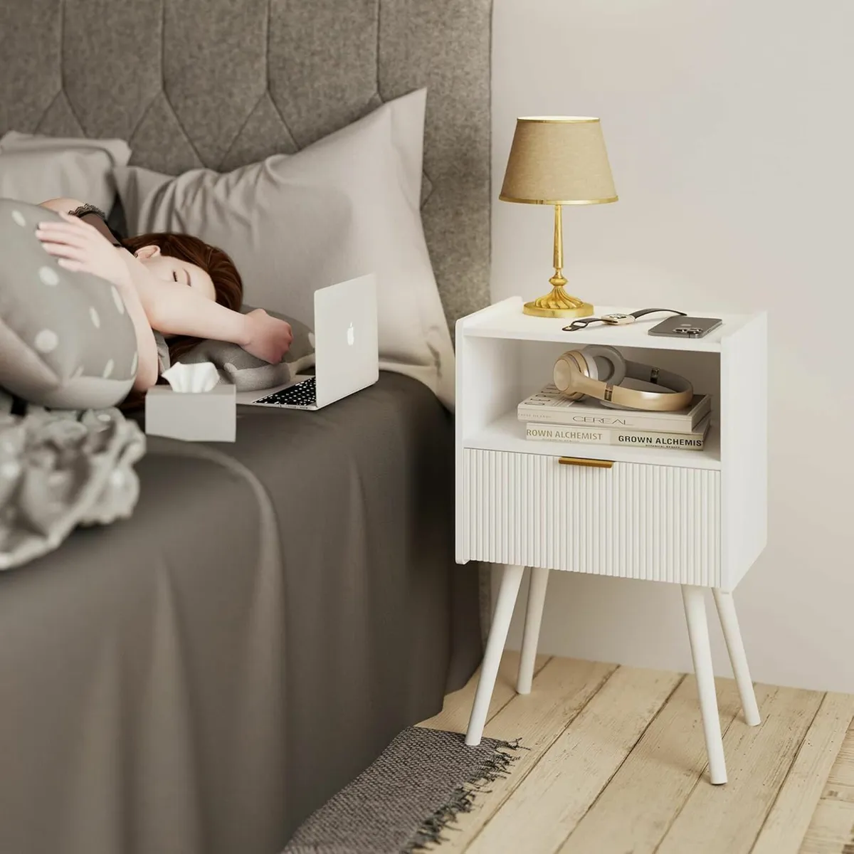Modern Bedside Table with Storage Drawer and Open - Image 3