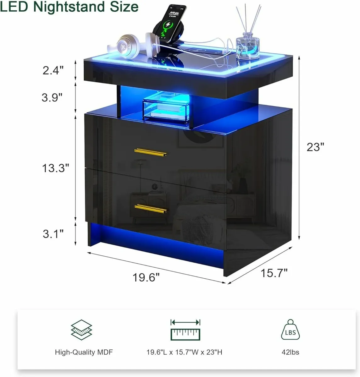 LED Bedside Table with Charging Station High - Image 2