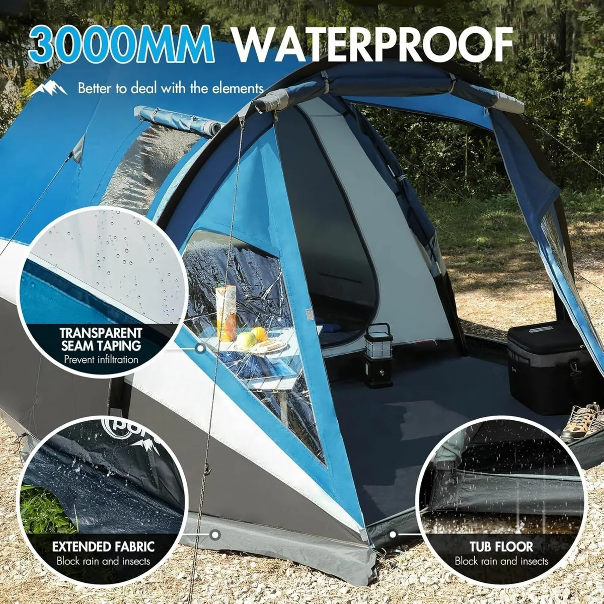 3-4 Man Tent with Porch 3000mm Waterproof 180cm - Image 4