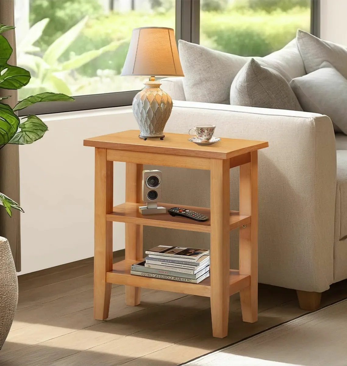 Aston Oak Effect Small Side Table with 2 Shelves - Image 1
