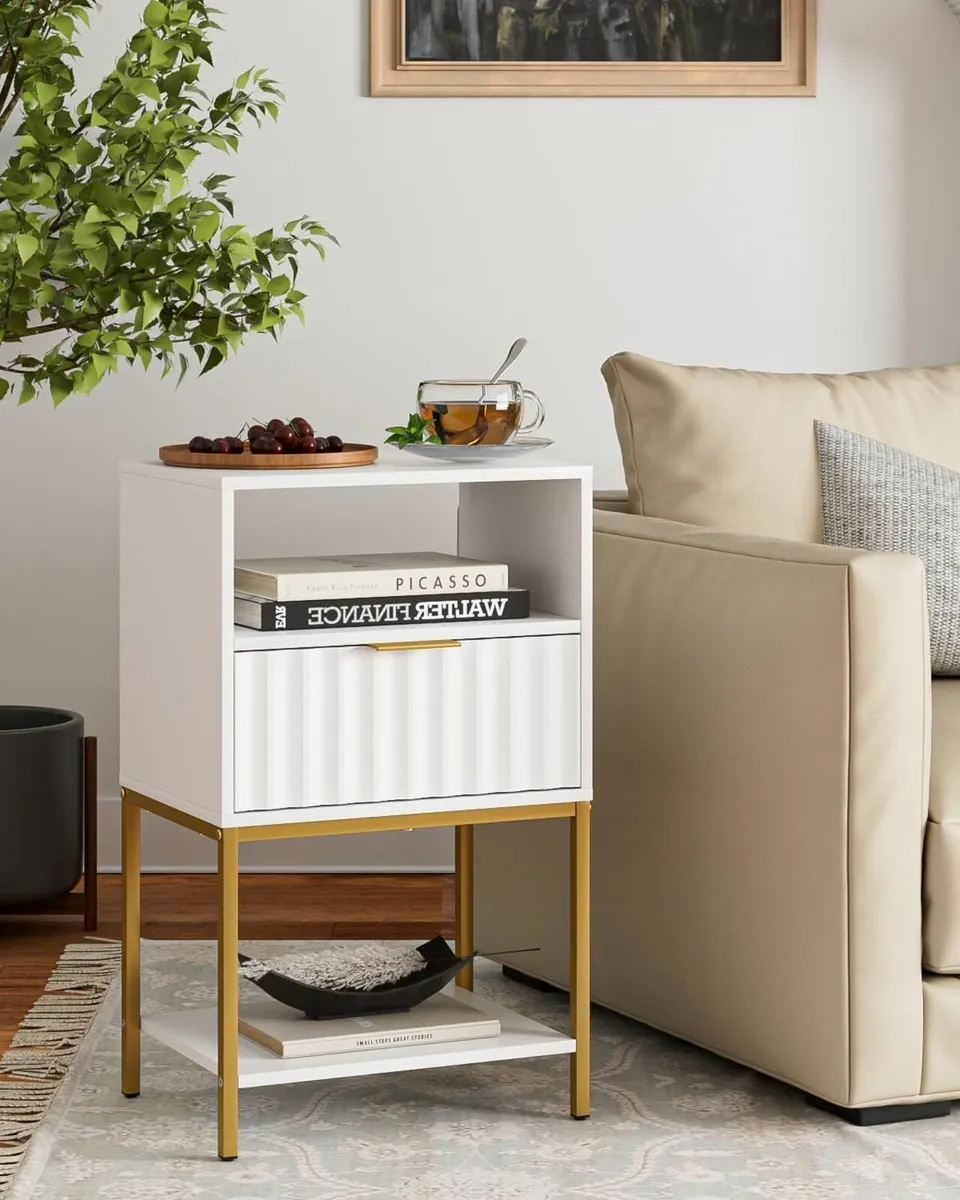 Bedside Table Tall White Side with Gold Frame - Image 1