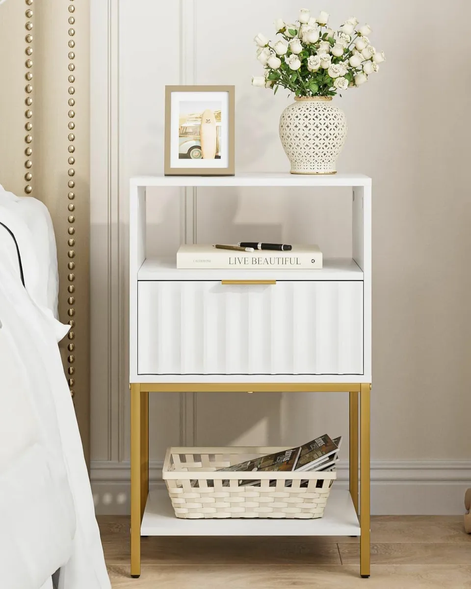 Bedside Table Tall White Side with Gold Frame - Image 3