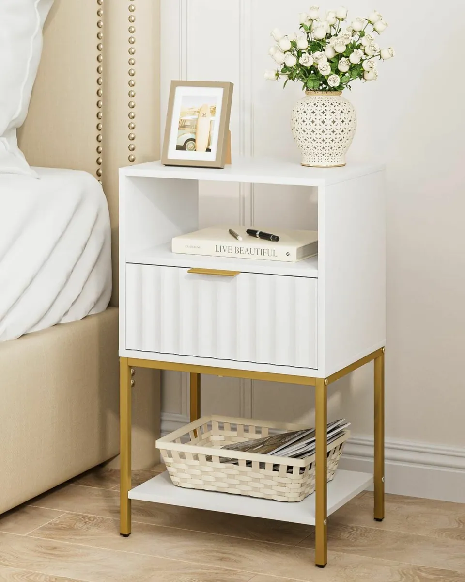 Bedside Table Tall White Side with Gold Frame - Image 4