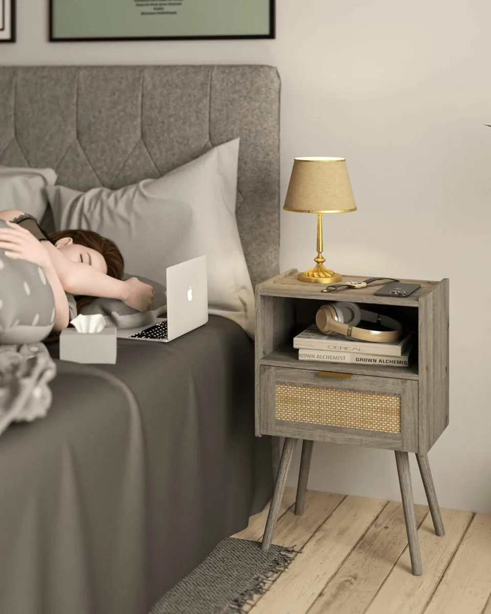 Rattan Nightstand Farmhouse Bedside Table with - Image 3