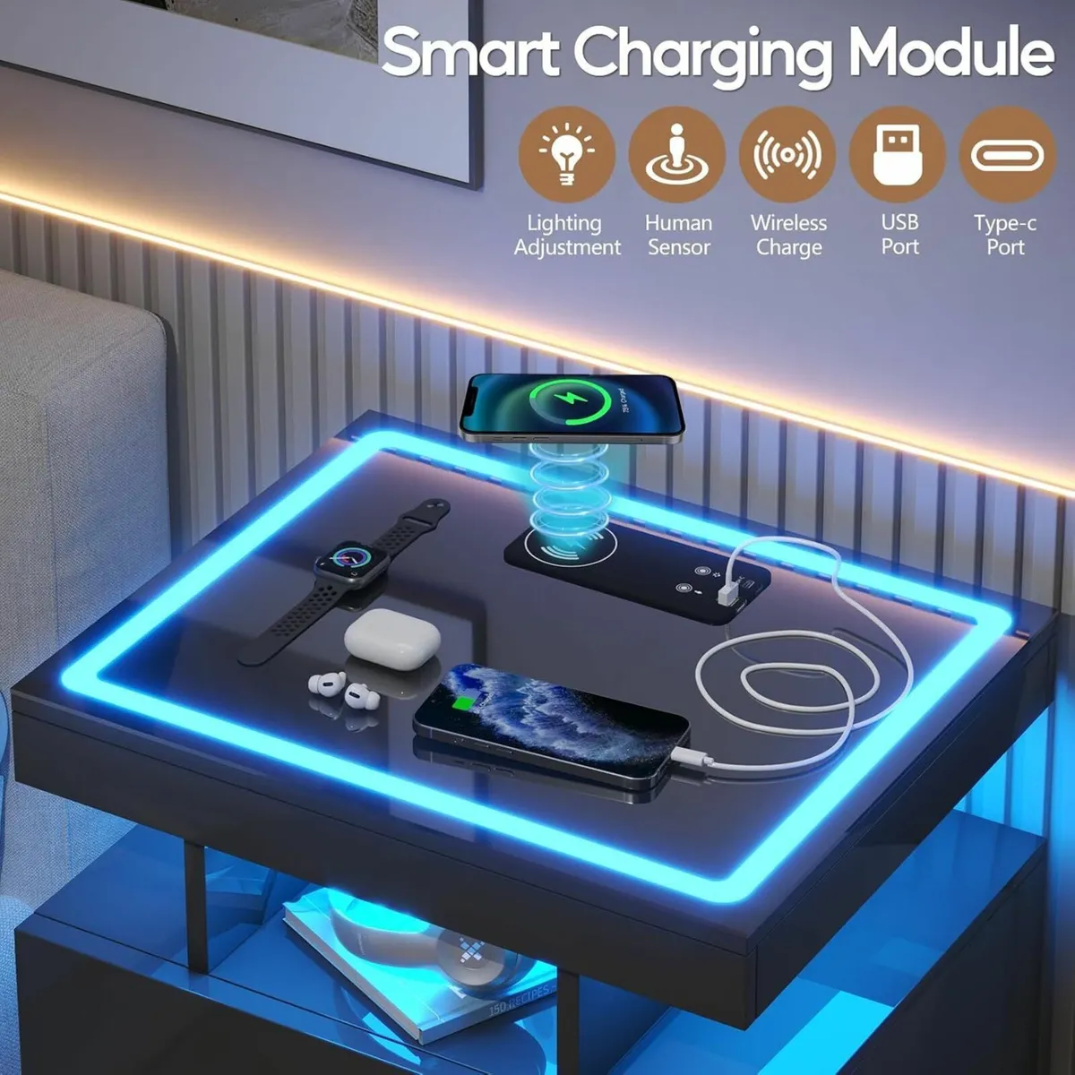 LED Bedside Table with Wireless Charging Station - Image 4