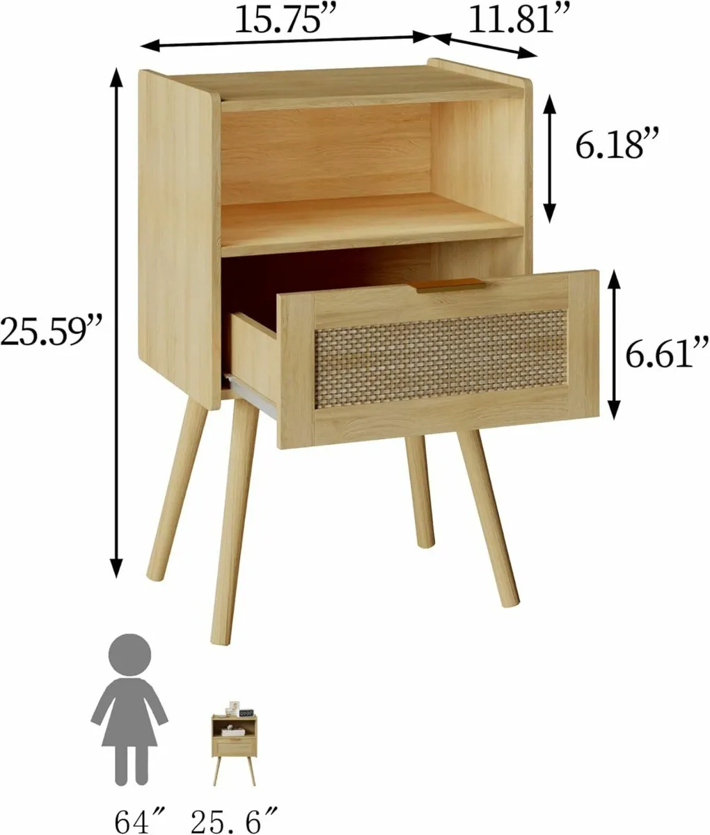 Rattan Nightstand Farmhouse Bedside Table with - Image 2