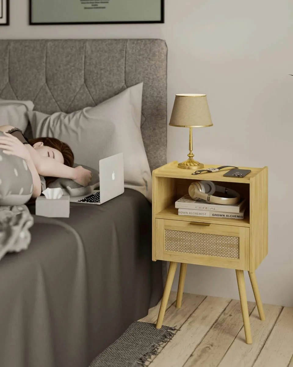 Rattan Nightstand Farmhouse Bedside Table with - Image 3