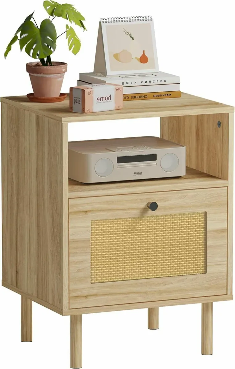 Rattan Nightstand Boho Side Table with Drawers - Image 1