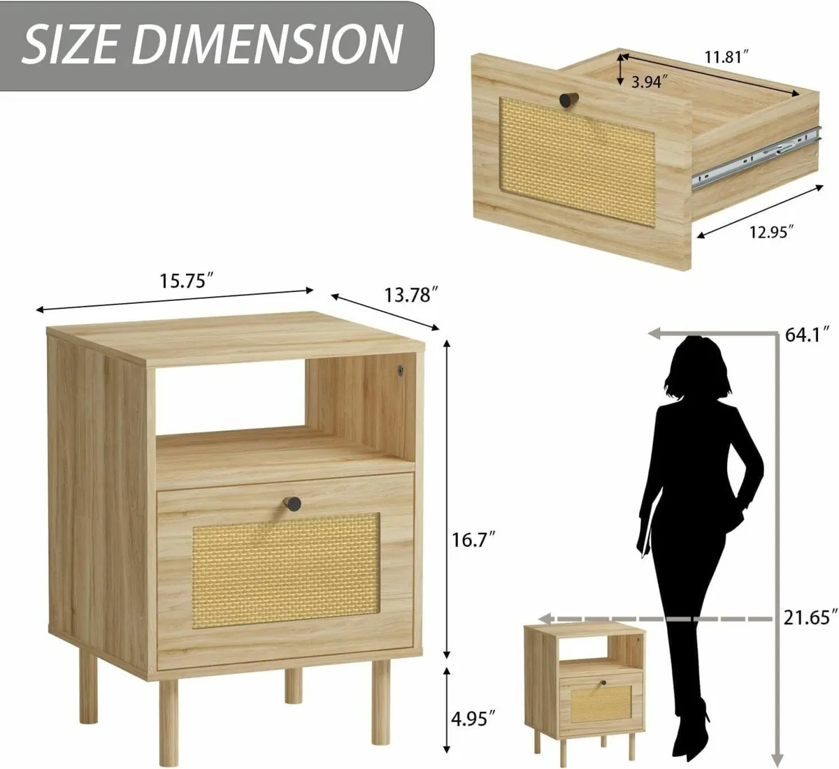 Rattan Nightstand Boho Side Table with Drawers - Image 3