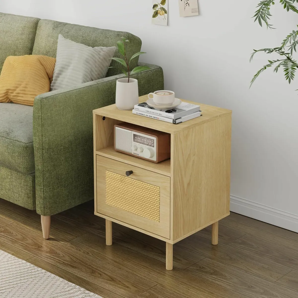 Rattan Nightstand Boho Side Table with Drawers - Image 2