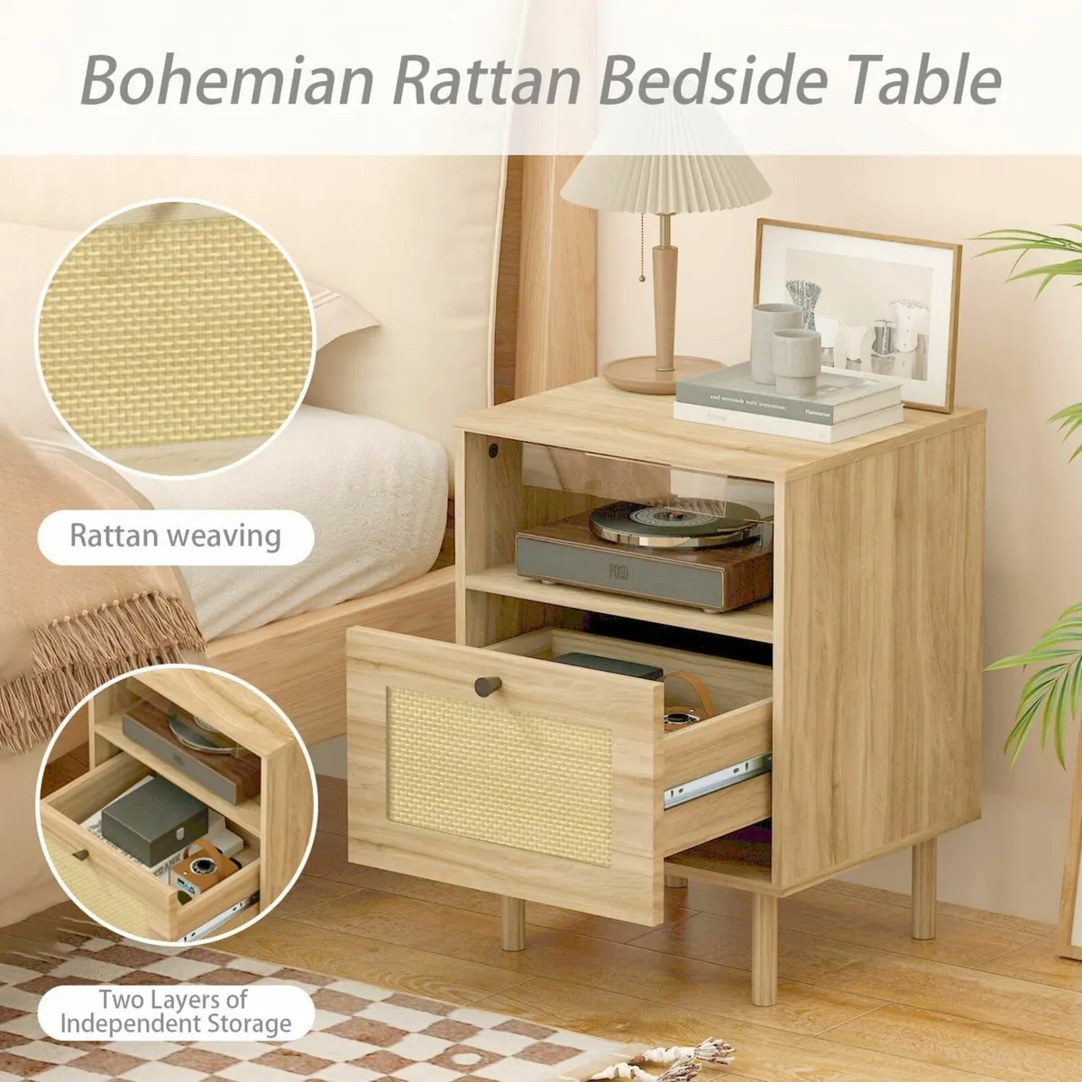 Rattan Nightstand Boho Side Table with Drawers - Image 4