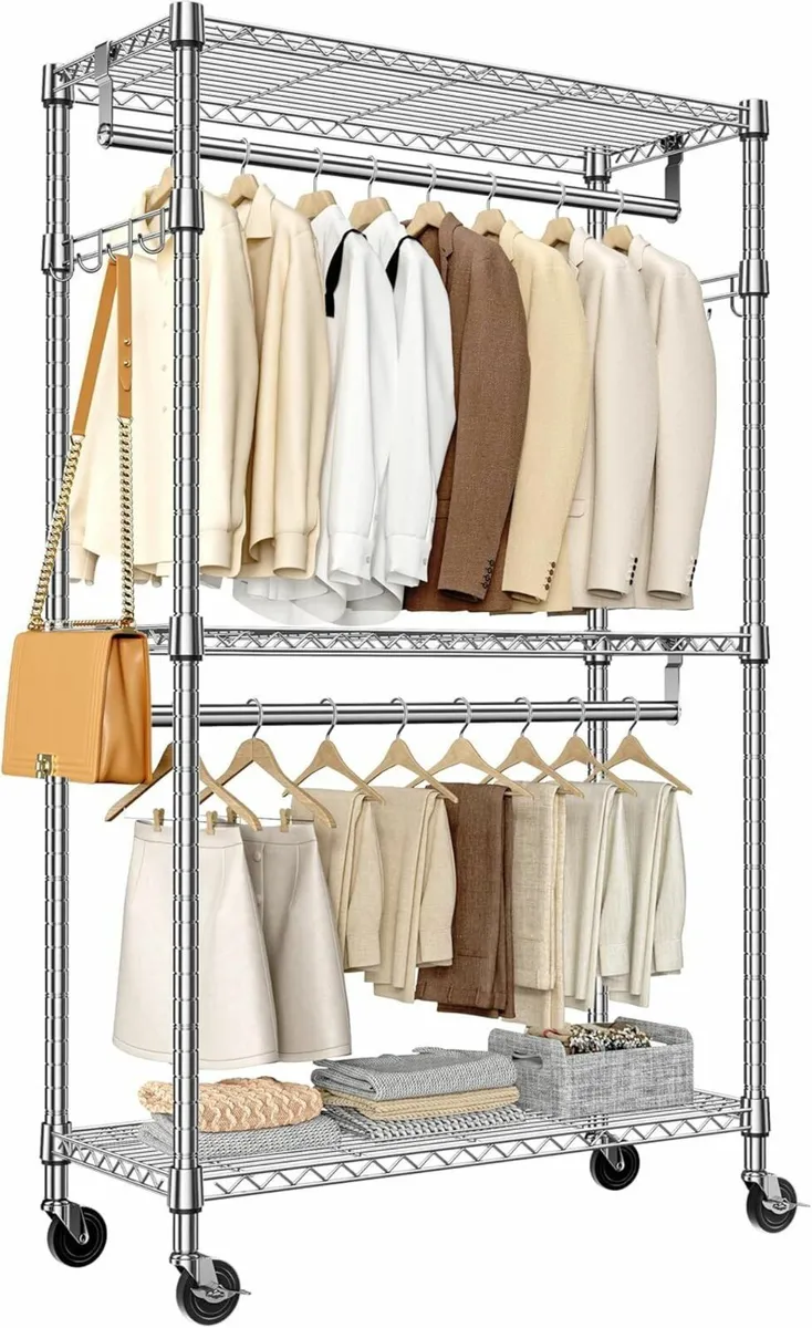 Heavy Duty Rolling Garment Rack 3 Tiers Adjustable - Image 1