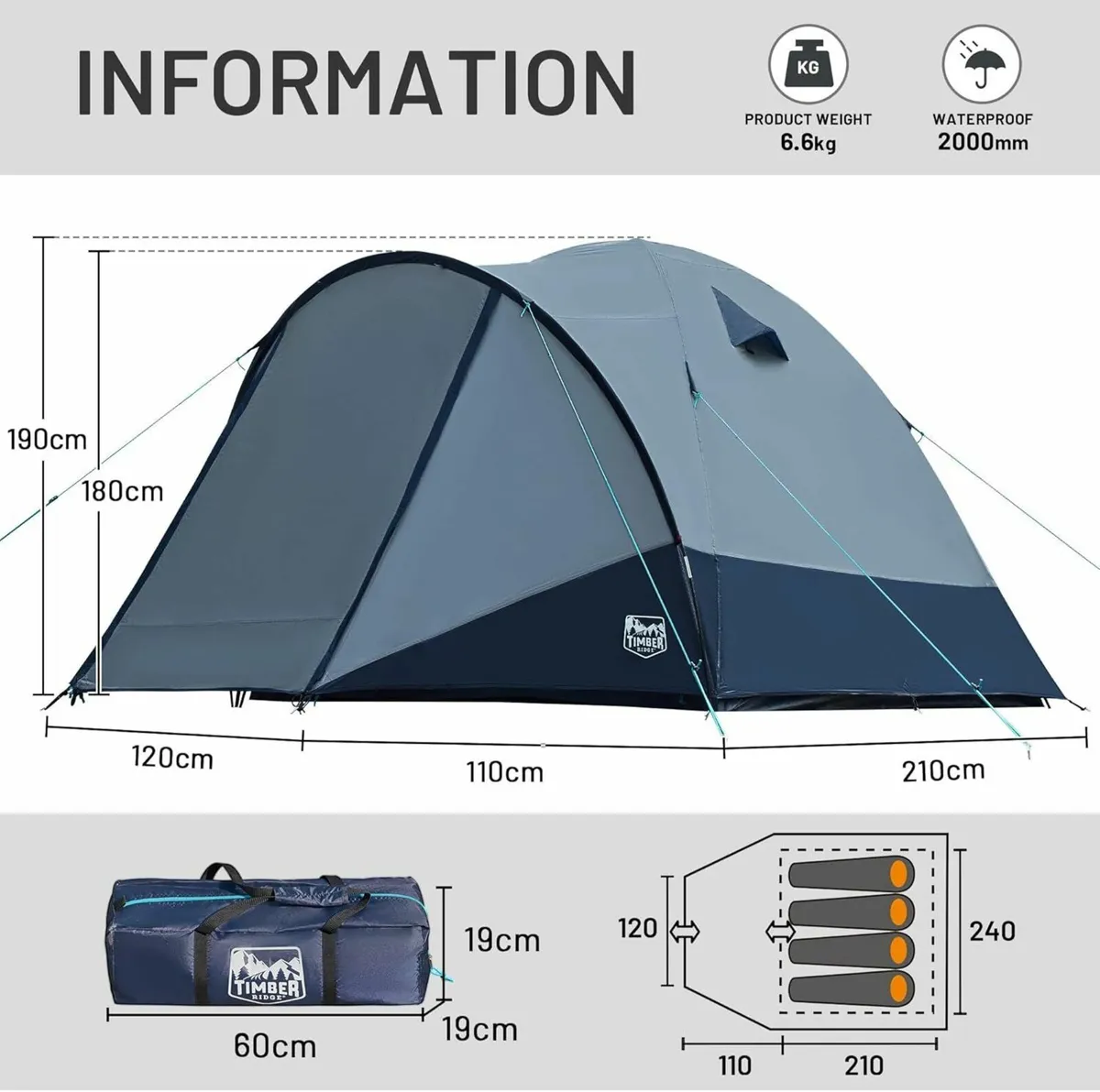 4 Man Tent Standing Height 190 cm Camping - Image 3