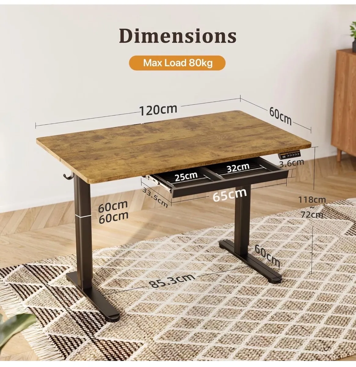 Electric Standing Desk with Drawer, 120 x 60 cm He - Image 2