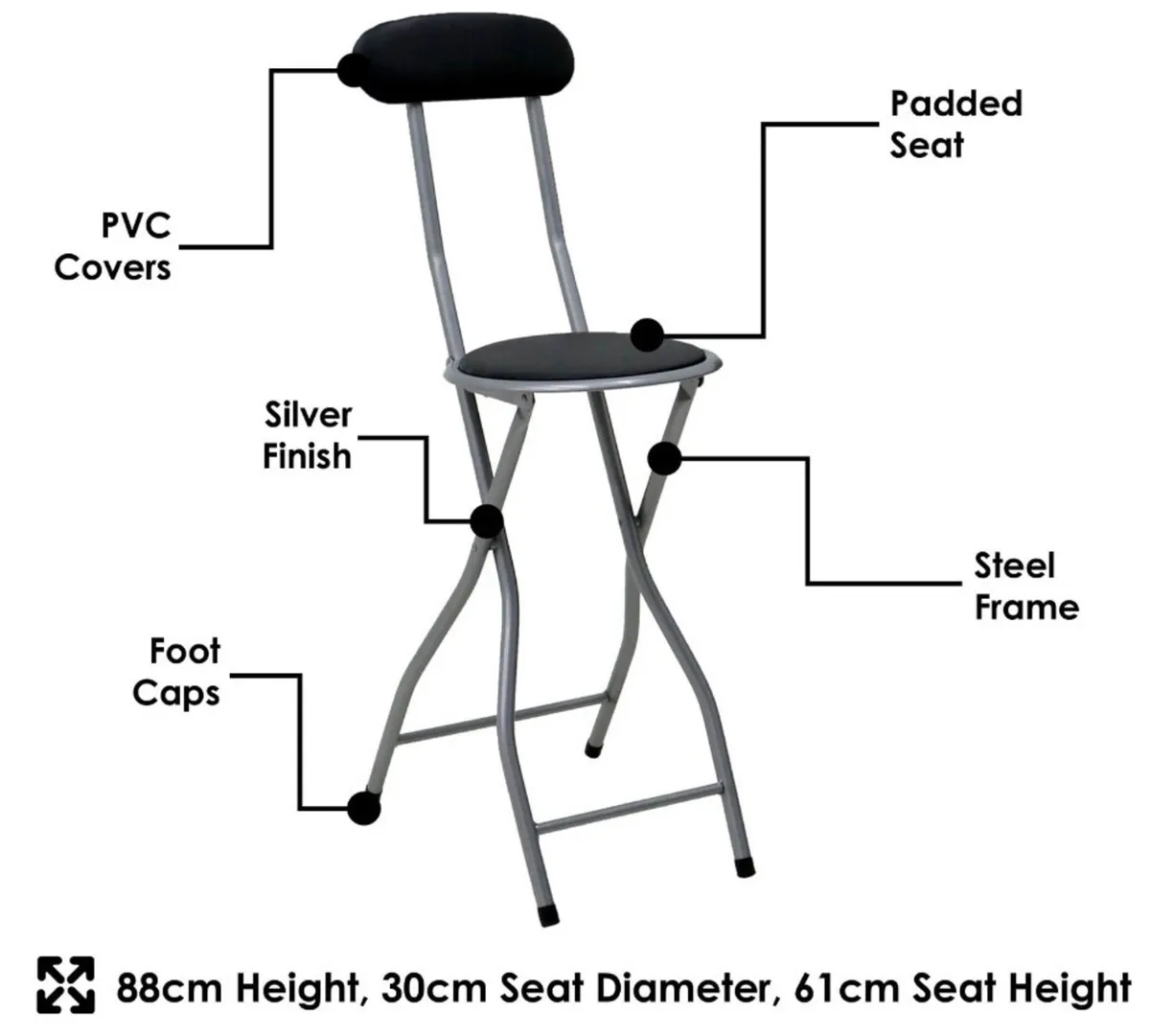 Black Padded Folding Breakfast Kitchen Bar Stool - Image 3