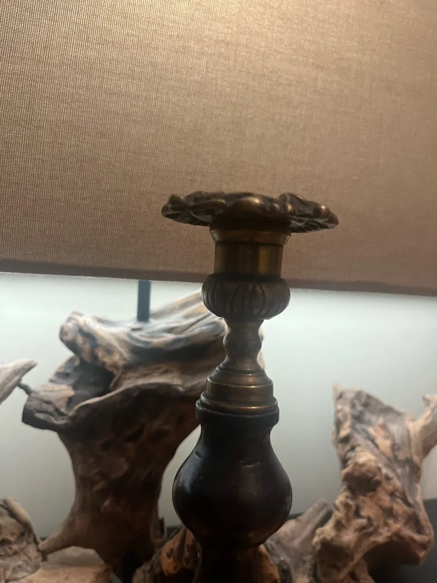 Antique Oak & Gilt Brass Candle Stick - Image 2