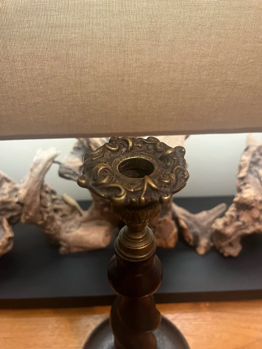 Antique Oak & Gilt Brass Candle Stick - Image 3