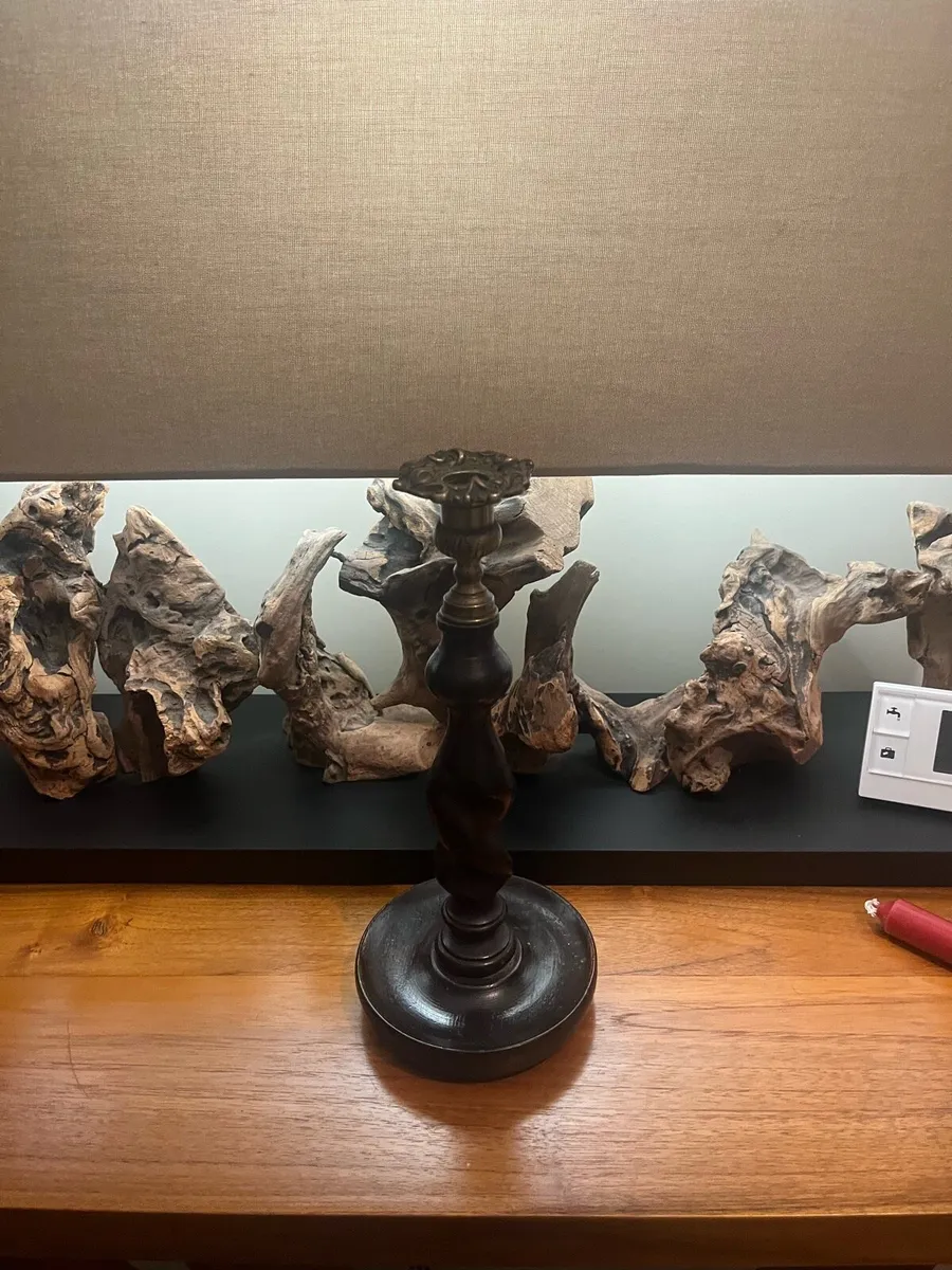 Antique Oak & Gilt Brass Candle Stick - Image 1