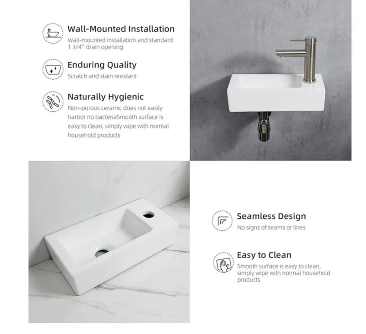 Rectangular Ceramic Basin with 1 Hole for Faucet, Right Hand Basin Wall Mounted, Small Size: 376mm L x 188mm W x 93mm H  White - Image 4