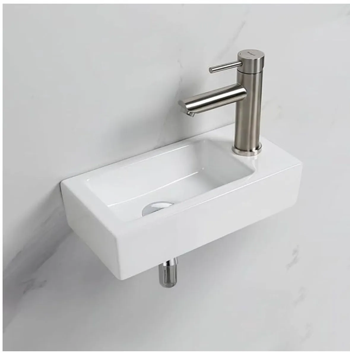 Rectangular Ceramic Basin with 1 Hole for Faucet, Right Hand Basin Wall Mounted, Small Size: 376mm L x 188mm W x 93mm H  White - Image 1