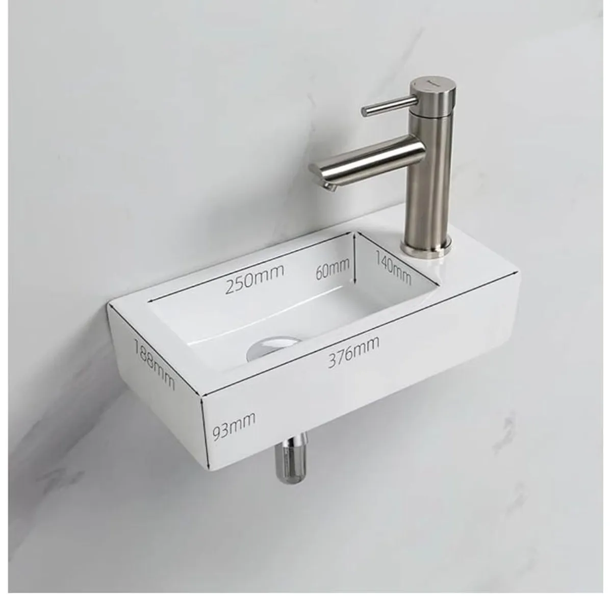 Rectangular Ceramic Basin with 1 Hole for Faucet, Right Hand Basin Wall Mounted, Small Size: 376mm L x 188mm W x 93mm H  White - Image 2