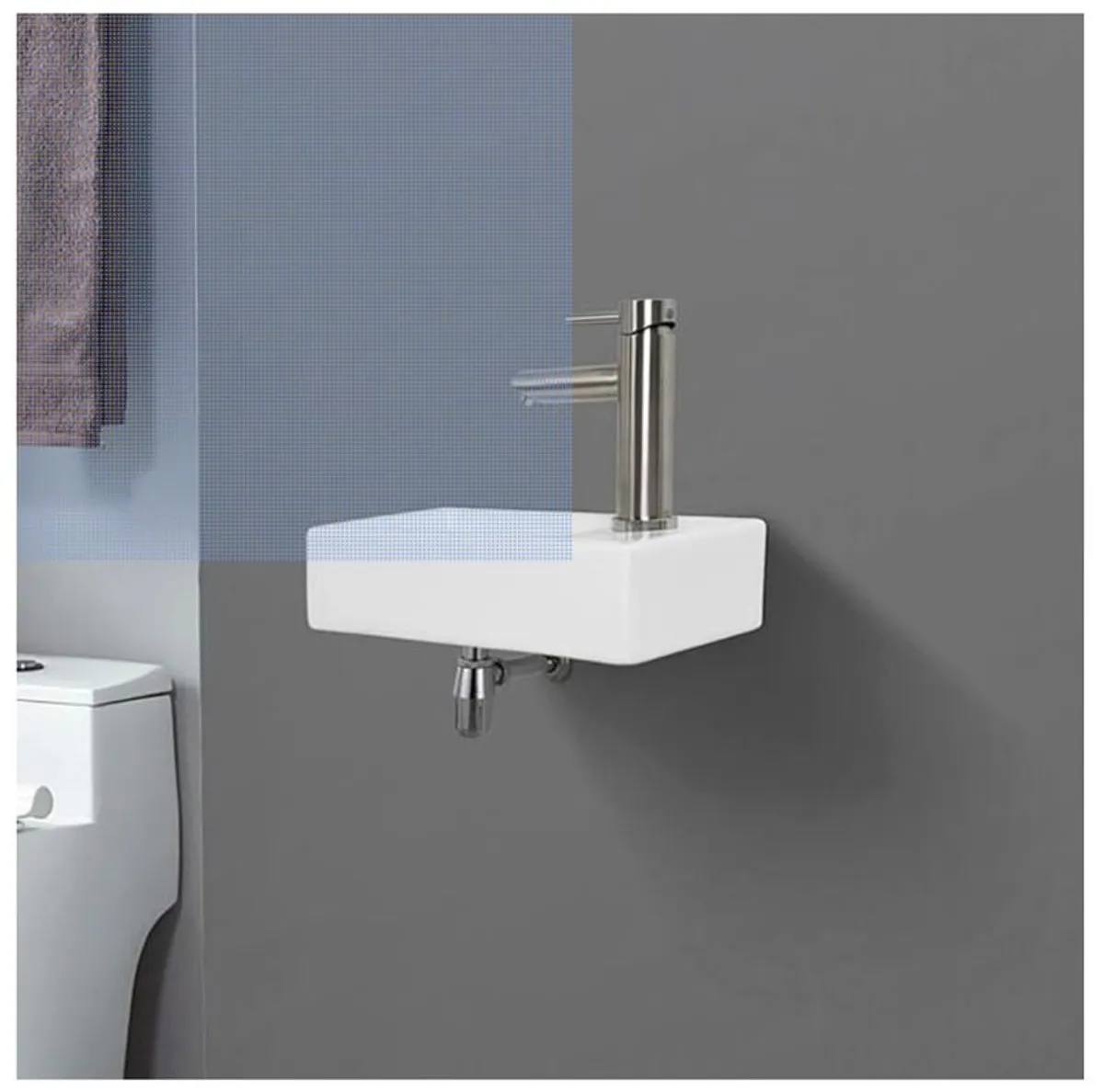Rectangular Ceramic Basin with 1 Hole for Faucet, Right Hand Basin Wall Mounted, Small Size: 376mm L x 188mm W x 93mm H  White - Image 3