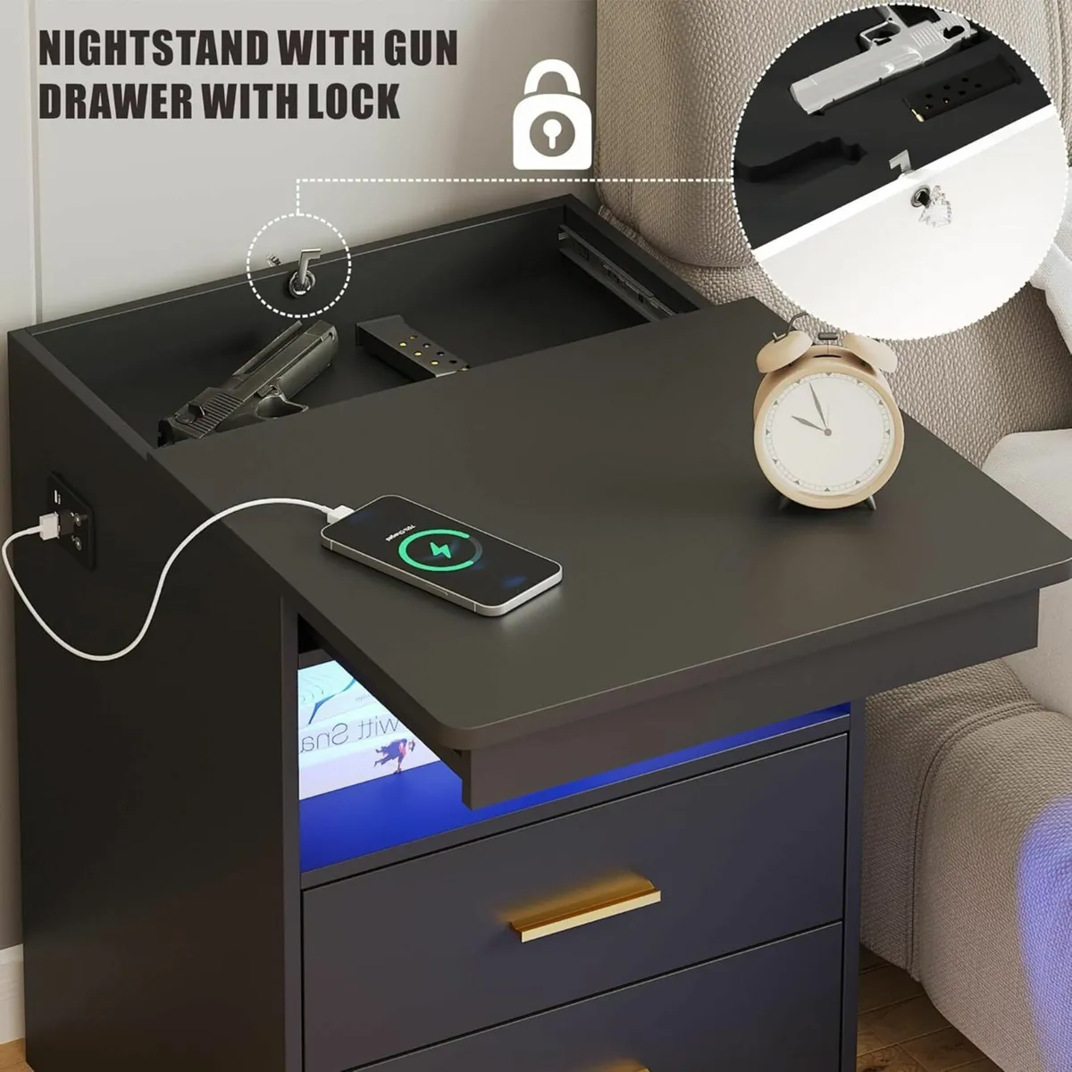 Bedside Table with Hidden Drawer Cabinet Charging - Image 3