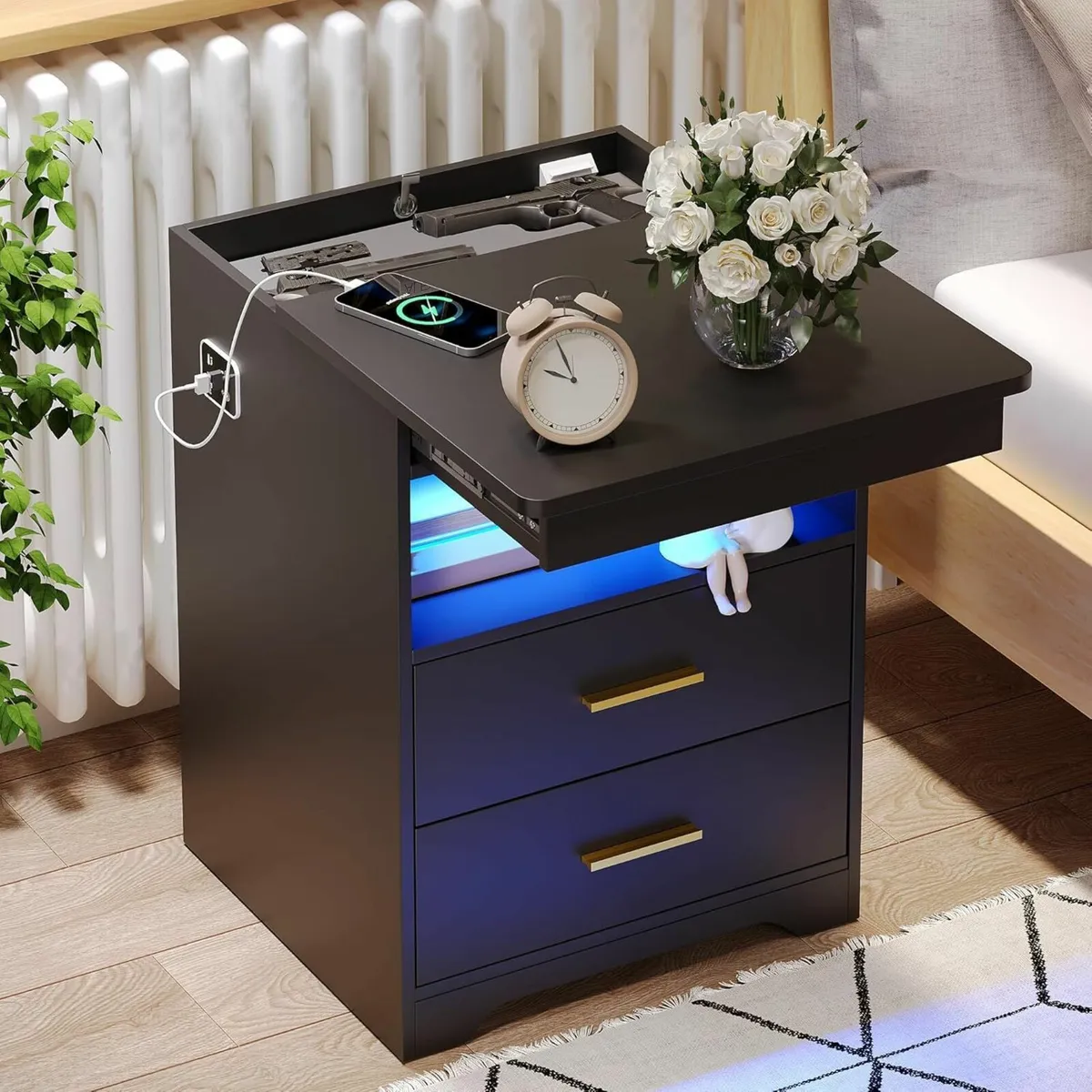 Bedside Table with Hidden Drawer Cabinet Charging - Image 1