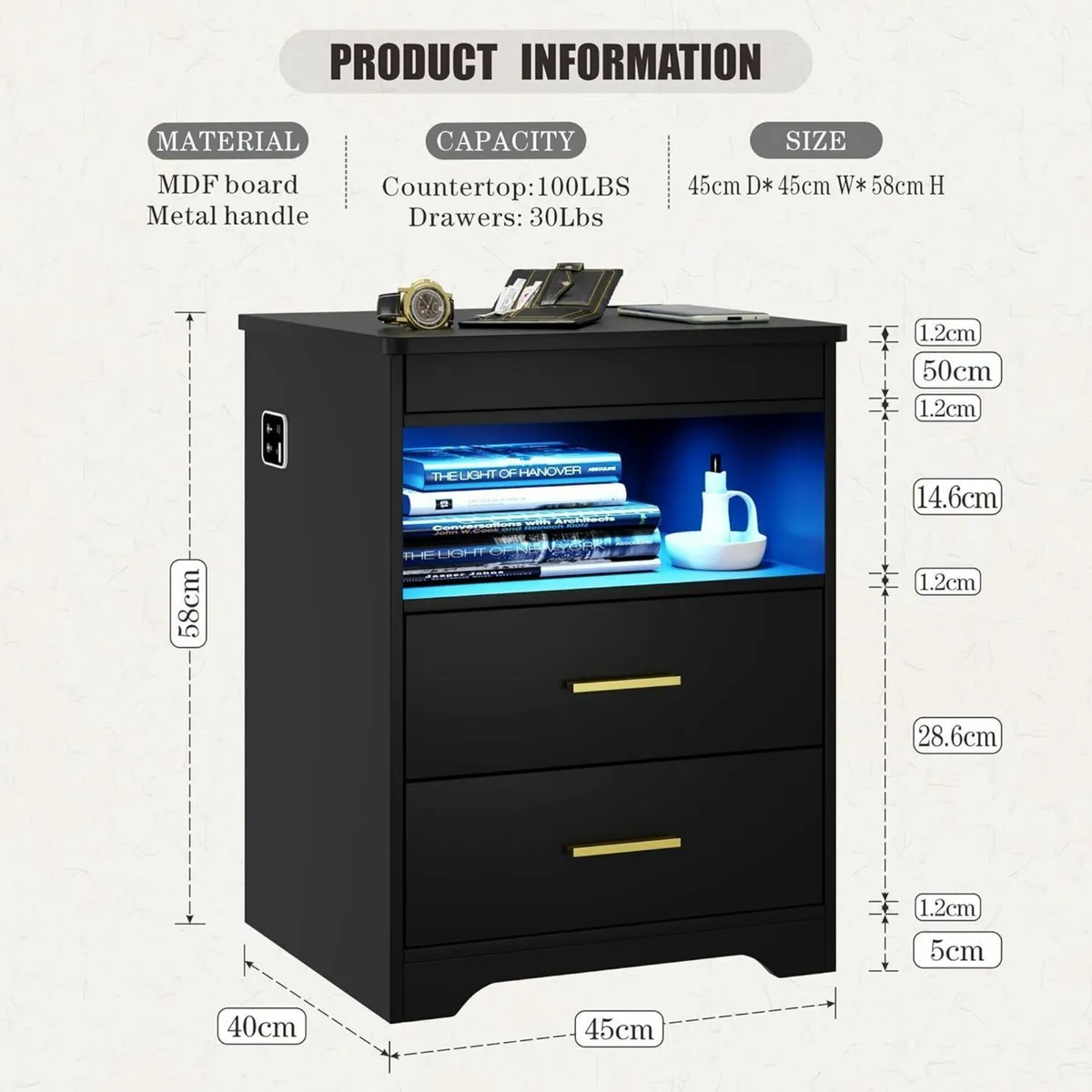 Bedside Table with Hidden Drawer Cabinet Charging - Image 2