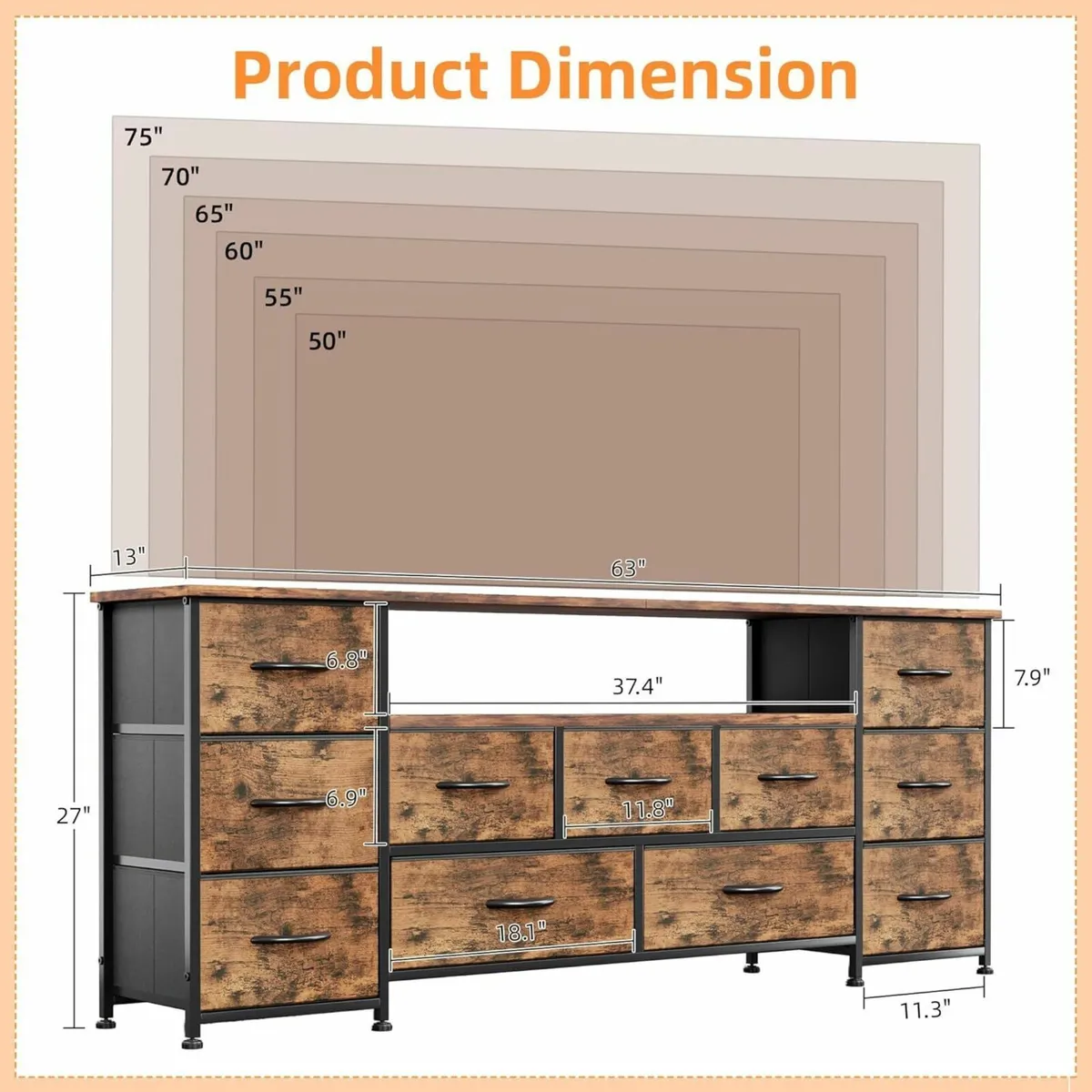 63 Tv Cabinet Dresser for Bedroom with 11 Fabric - Image 3