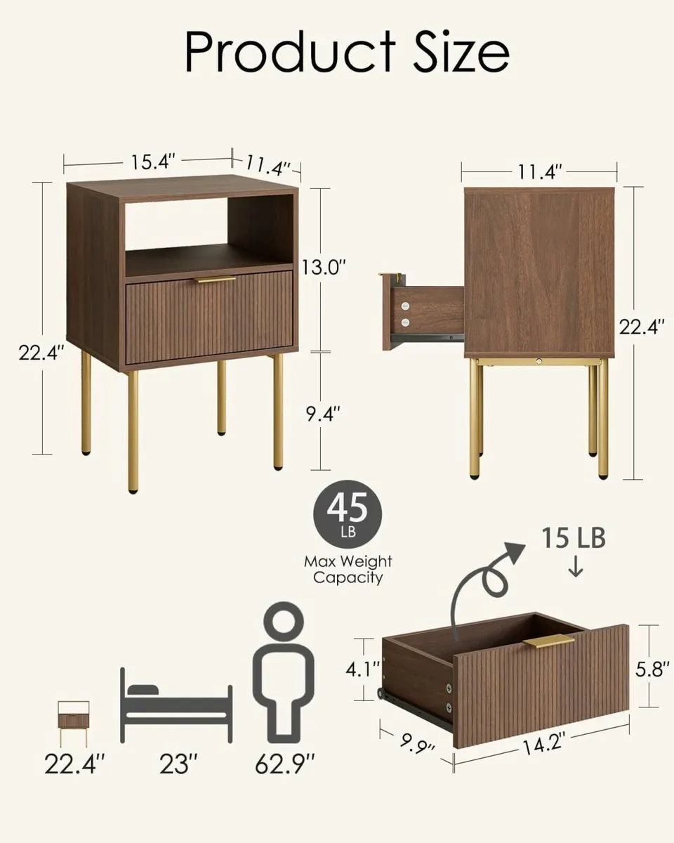 Bedside Table Cabinet with 1 Open Shelf And - Image 2