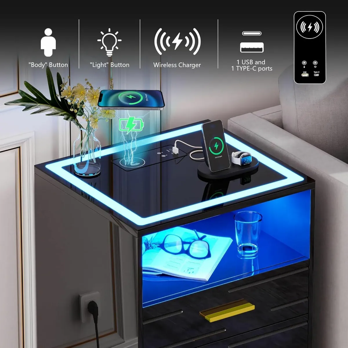 LED Bedside Table with Wireless Charging Station - Image 3